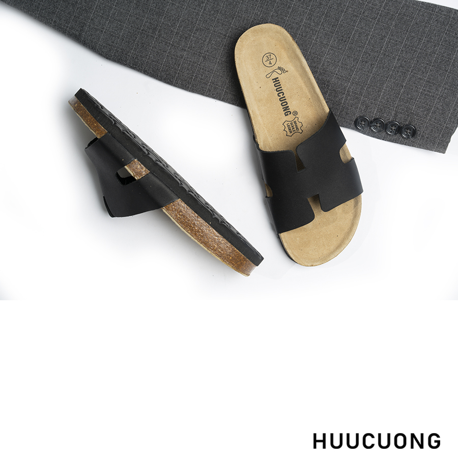 Dép unisex chữ H da bò đen đế trấu