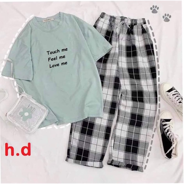 Sét áo touch me + quần kẻ karo đen, áo thun nam nữ, quần kaki, quần nữ, sét bộ mặc ở nhà, áo thun tay dài, quần jean ống rộng - FANI