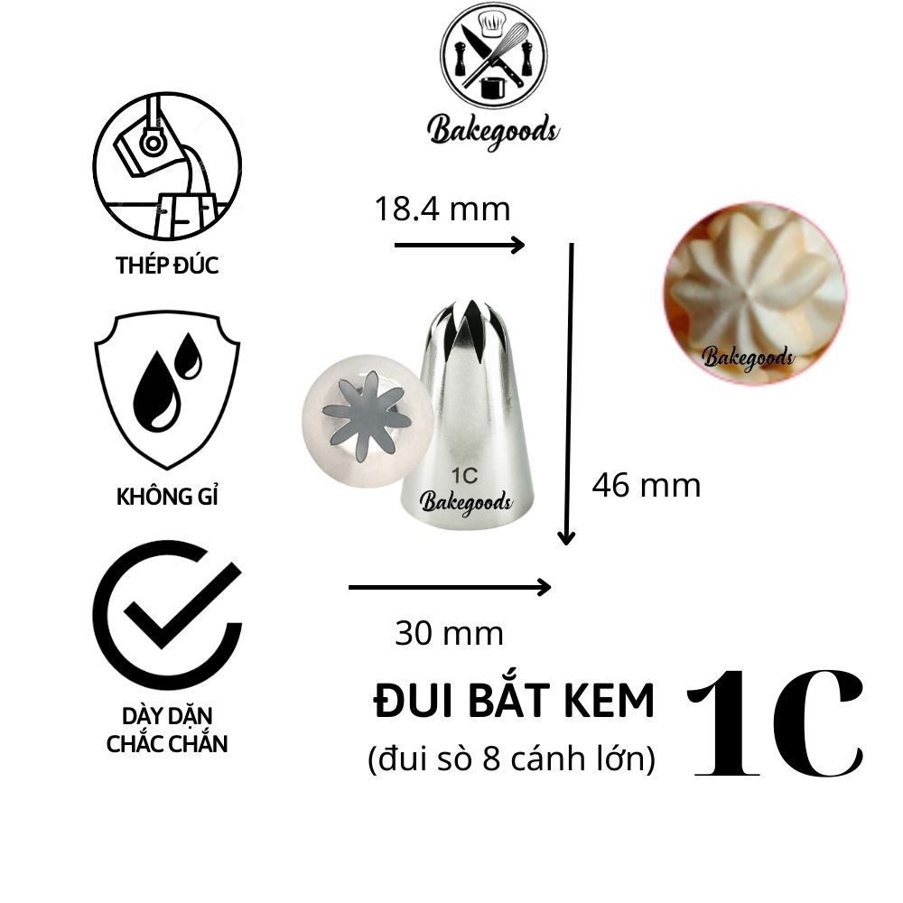 Đui bắt kem 1C, Đuôi bắt kem 8 cánh tạo hình bánh quy trang trí bánh bằng thép không gỉ đúc liền khối dày dặn, cứng cáp