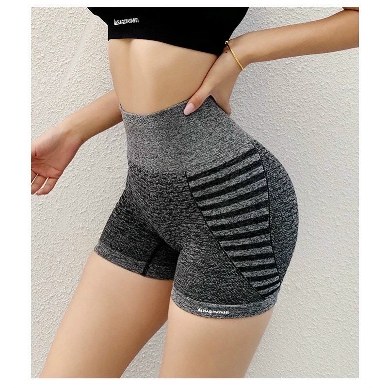 Quần short tập gym aerobic dệt phối sọc, quần đùi lưng cao tôn dáng - oq039