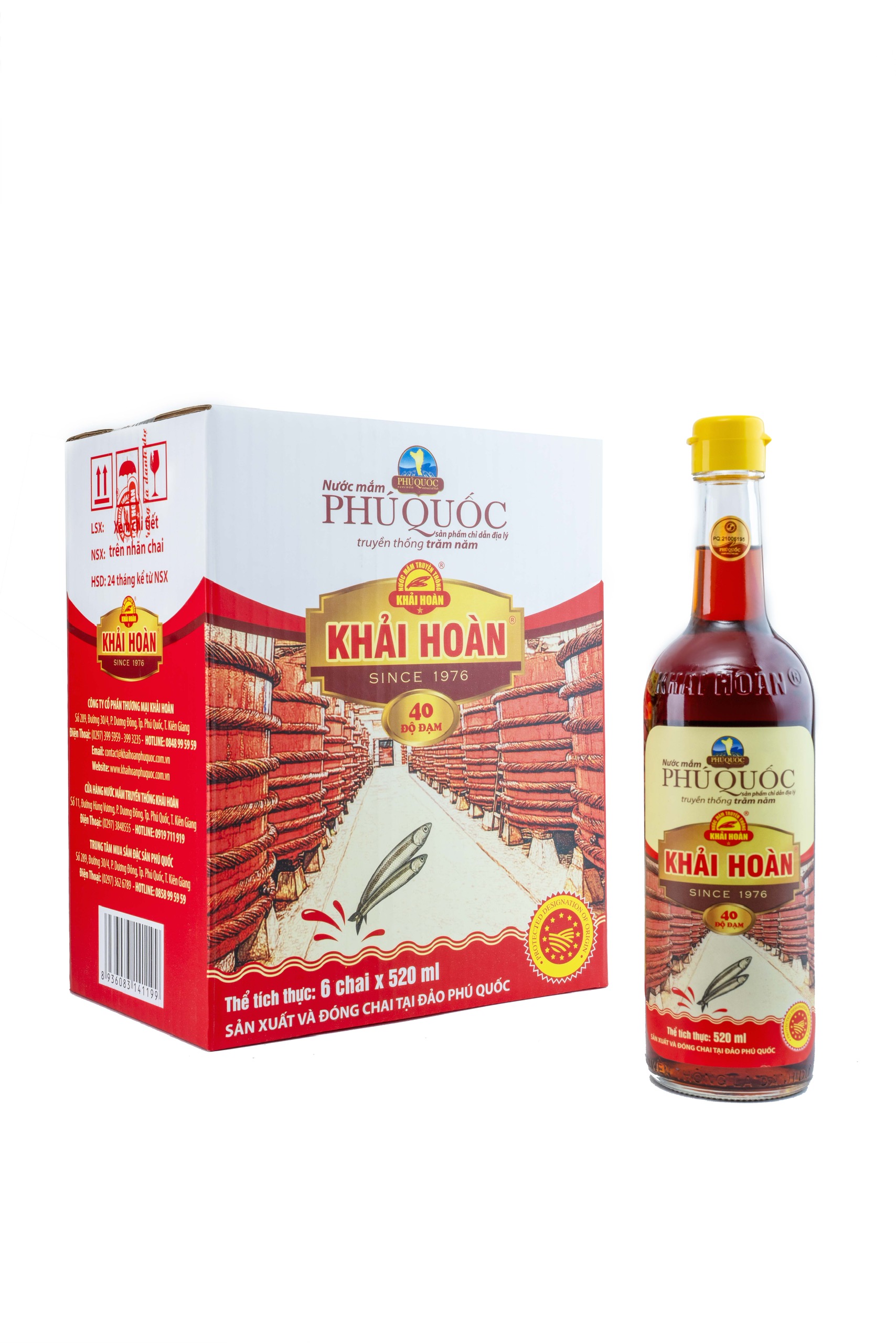 Nước mắm Khải Hoàn Phú Quốc 40 độ đạm thùng 6 chai thủy tinh 520ml