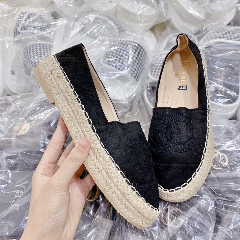 giày lười chanel đen da nỉ đế cói