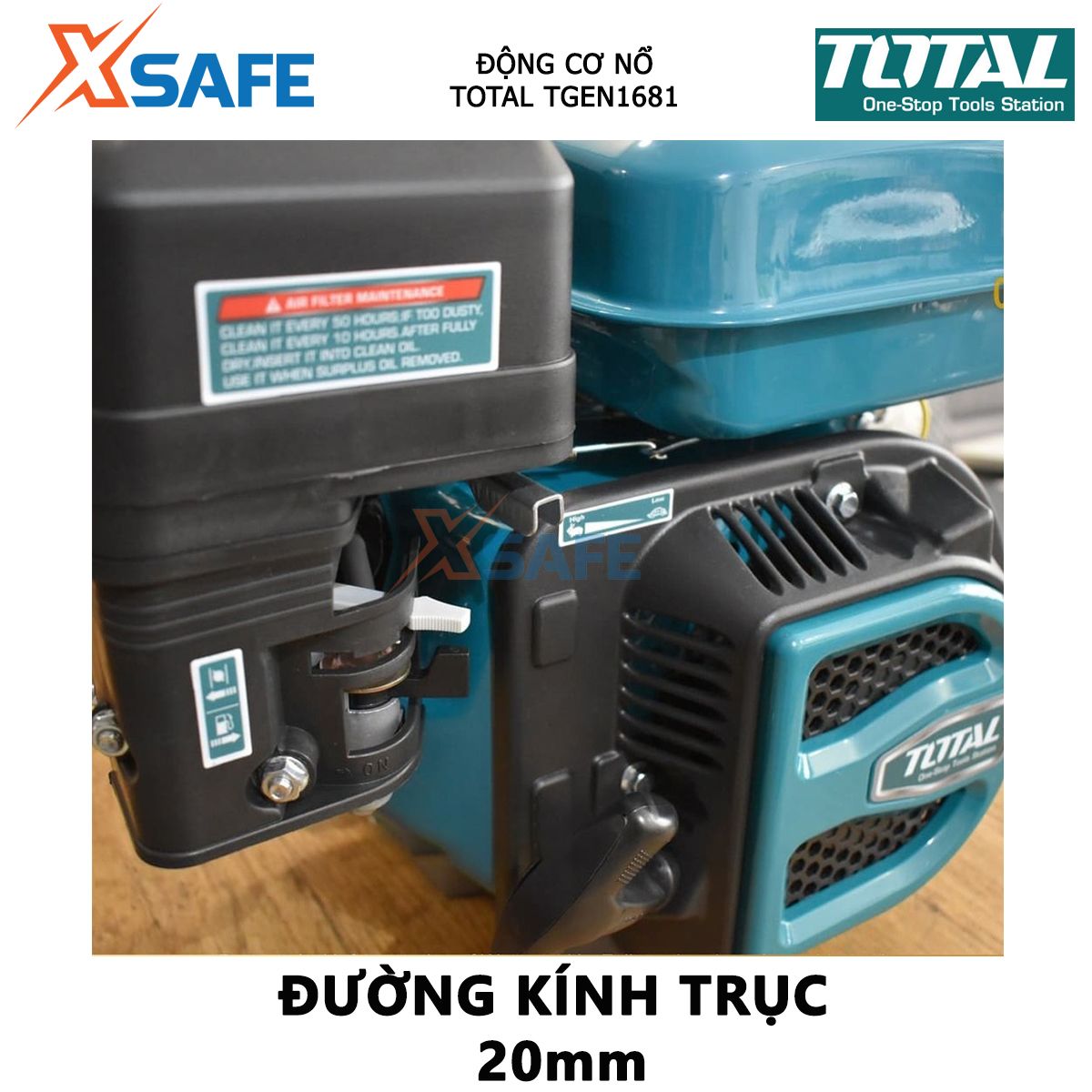 Động cơ nổ TOTAL TGEN1681 đầu nổ dùng xăng Loại động cơ 4 thì, OHV, Đầu ra tối đa 5.5HP, Đường kính trục 20mm, Dung tích xi lanh(ml) 163 biến đổi cơ năng thành điện năng phát điện, hiệu chỉnh điện áp