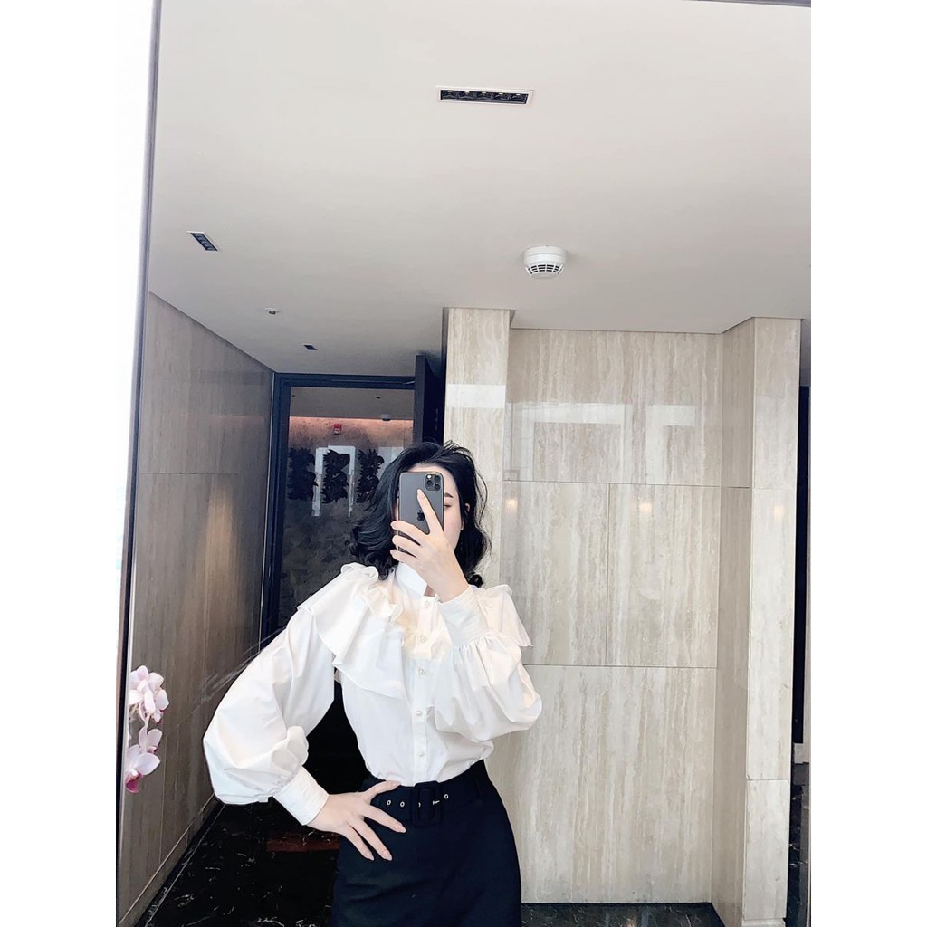 Áo Sơ Mi Nút Ngọc Bèo Tầng Cổ Trụ MELY (TRẮNG)