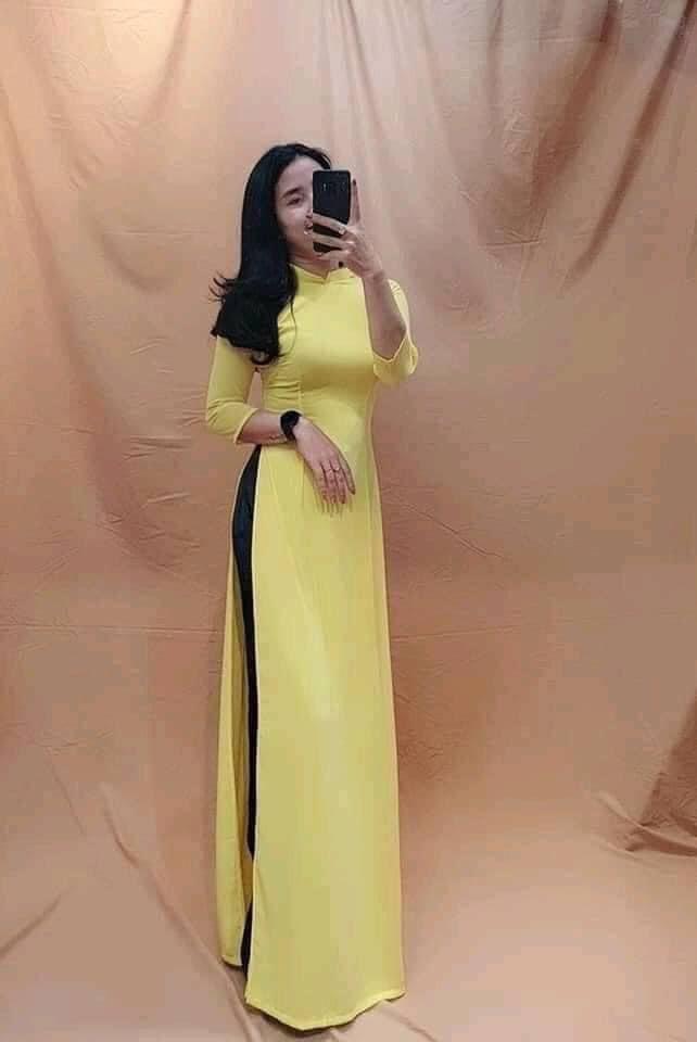 Áo dài lụa nhật trơn vàng cốm . tím huế  ( có cả cổ cao và cổ tròn ) giá rẻ
