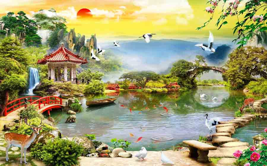 Tranh dán tường 3d sơn thủy hữu tình phòng khách