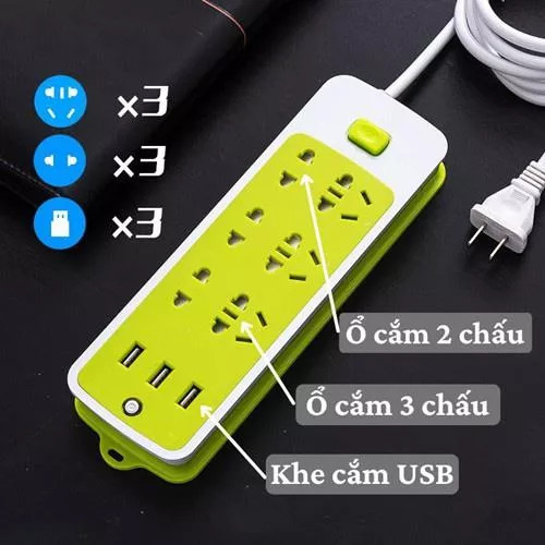 Ổ điện - ổ cắm điện đa năng chống giật -ổ cắm điện thông minh kèm cổng sạc USB - Ổ điện xanh đa năng - Ổ cắm điện xanh lá tích hợp 3 cổng USB