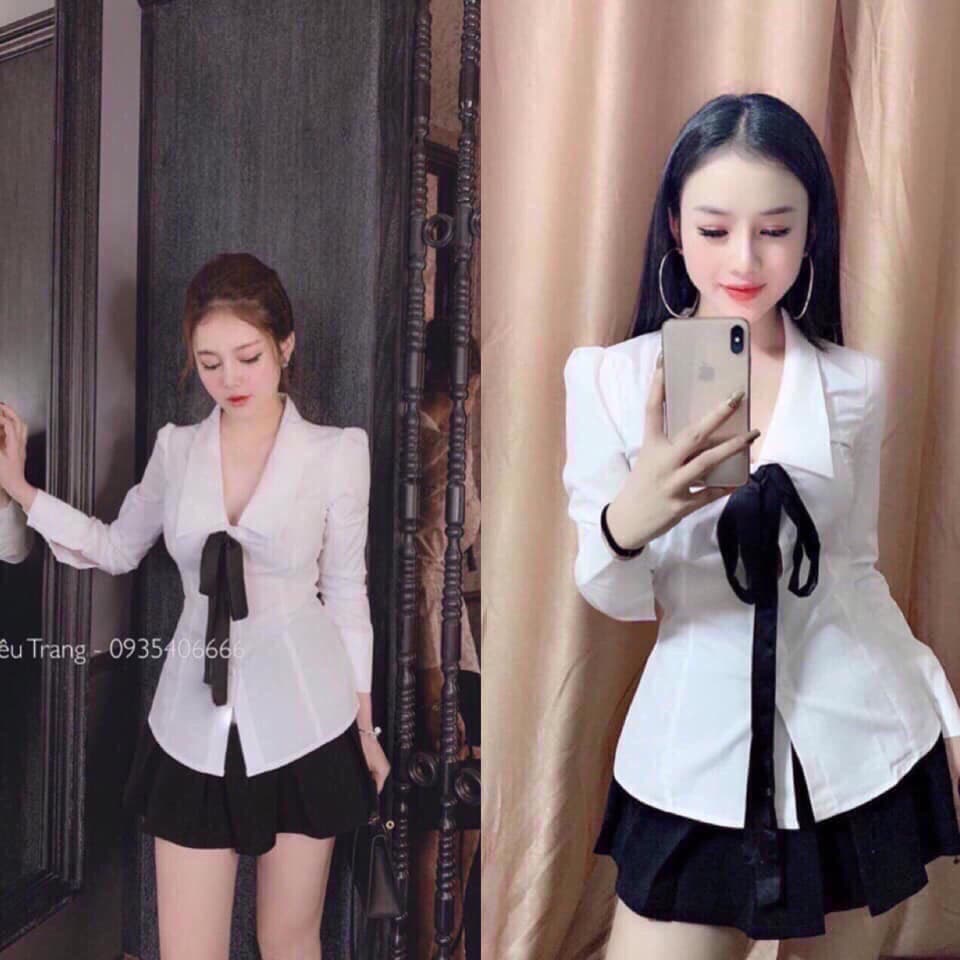 Set áo sơ mi và chân váy xòe năng động dễ thương