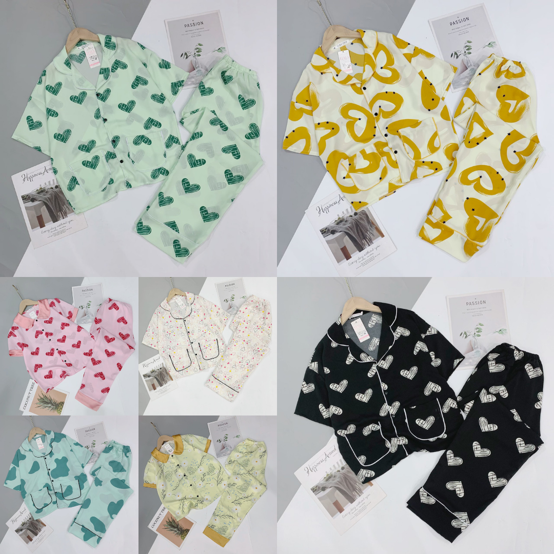 Bộ Pijama Lụa Satin / Mango Phối Hàn - Bộ Mặc Nhà Cộc Dài