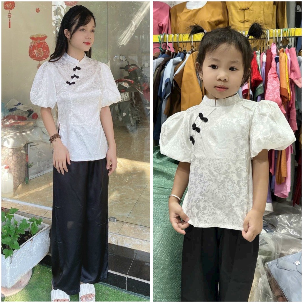 Đồ lam đi chùa # set sẫm tay phồng mẹ và bé# set mẹ và bé