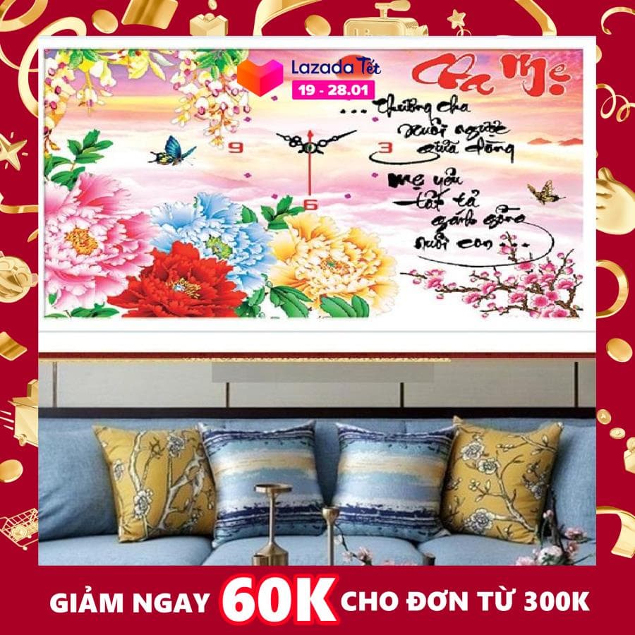 Tranh đính đá Đồng hồ cha mẹ. Mã tranh LV116, hãng tranh Lavender, kích thước 71x49 cm.