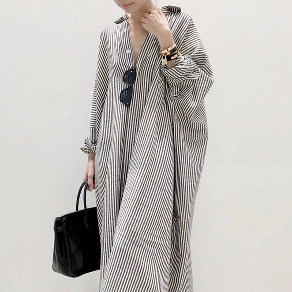 Váy maxi sọc cotton dáng rộng, tay dài