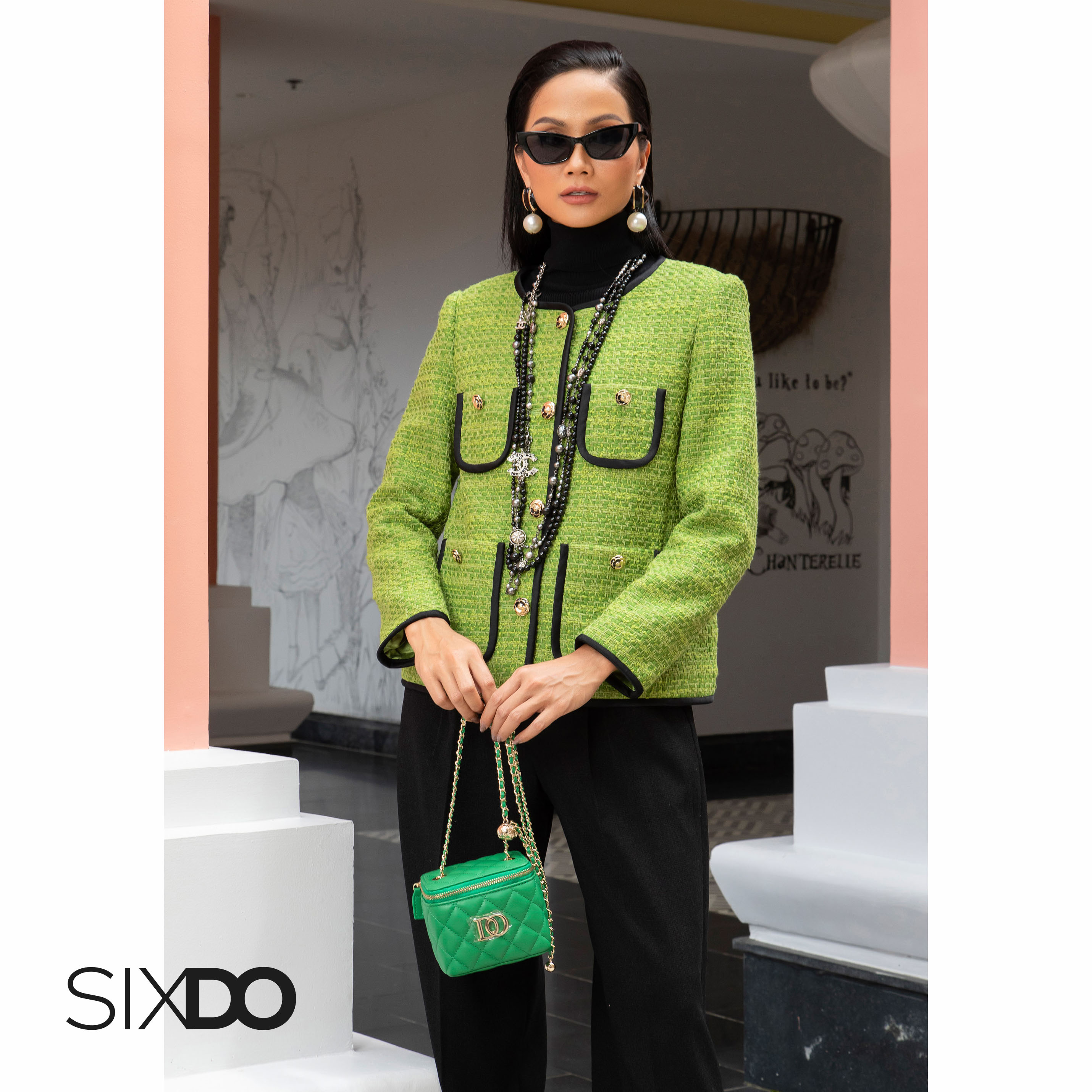 Áo Vest dạ tweed xanh cổ tròn SIXDO (Green Nuggets Tweed Vest)