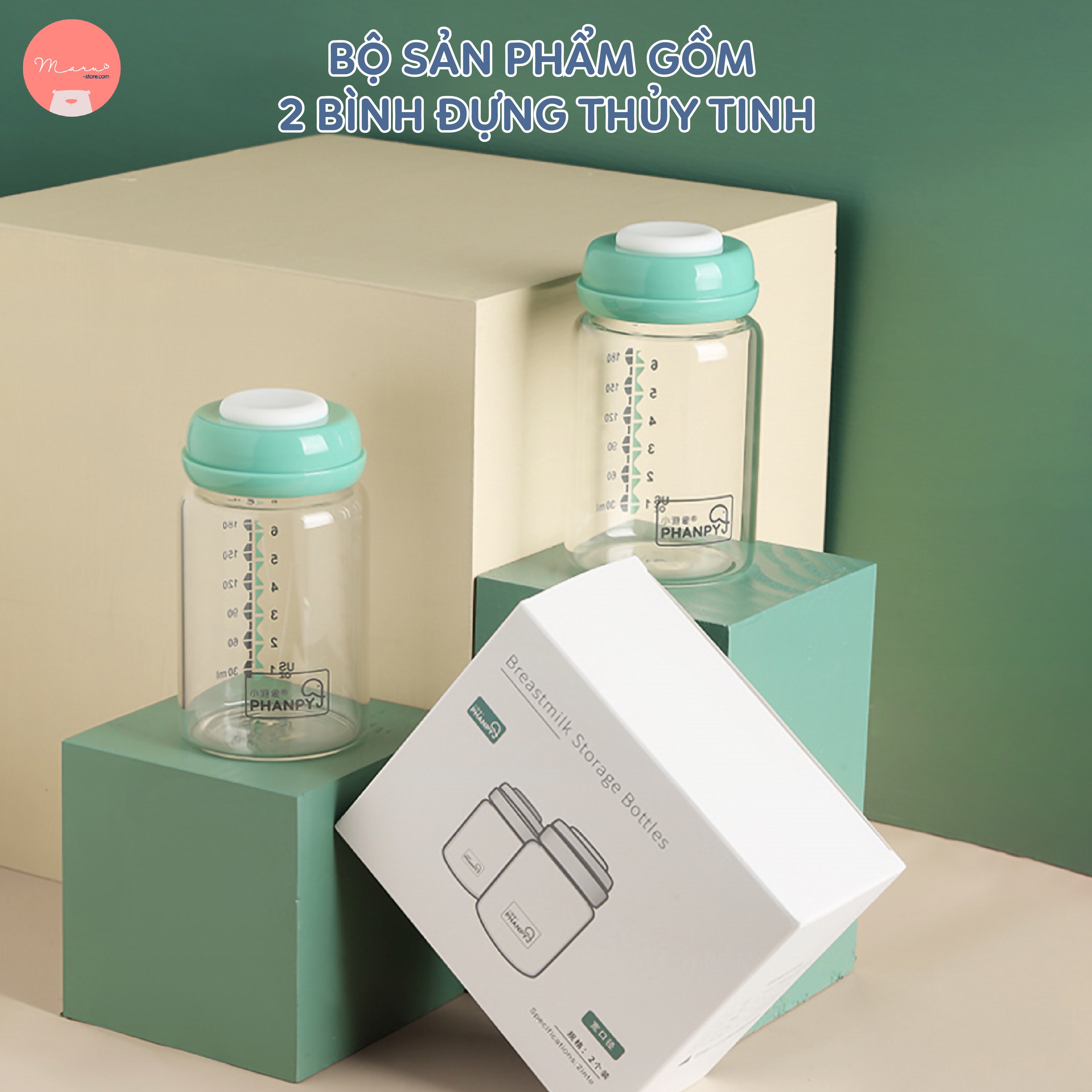 [Có sẵn] Bình đựng sữa thuỷ tinh 180ml PHANPY (bộ