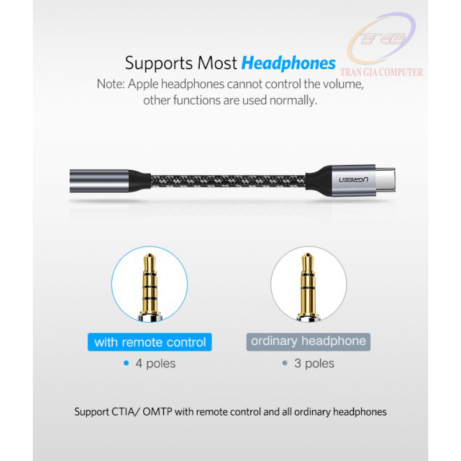Cáp chuyển USB Type C to 3.5mm dài 10cm Ugreen 30632