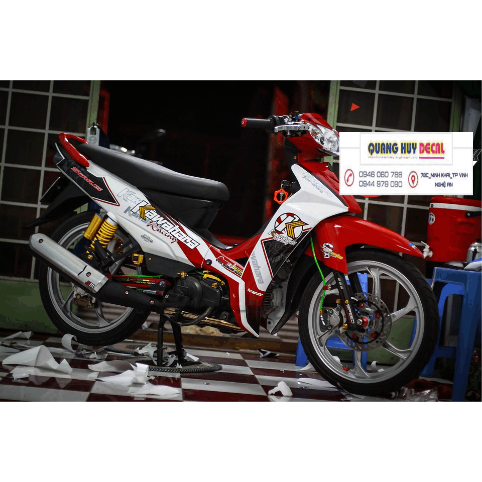 Tem trùm xe sirius trắng đỏ độ đẹp - Tem xe máy sirius thiết kế theo yêu cầu - tem trùm xe sirius đẹp, rẻ chất