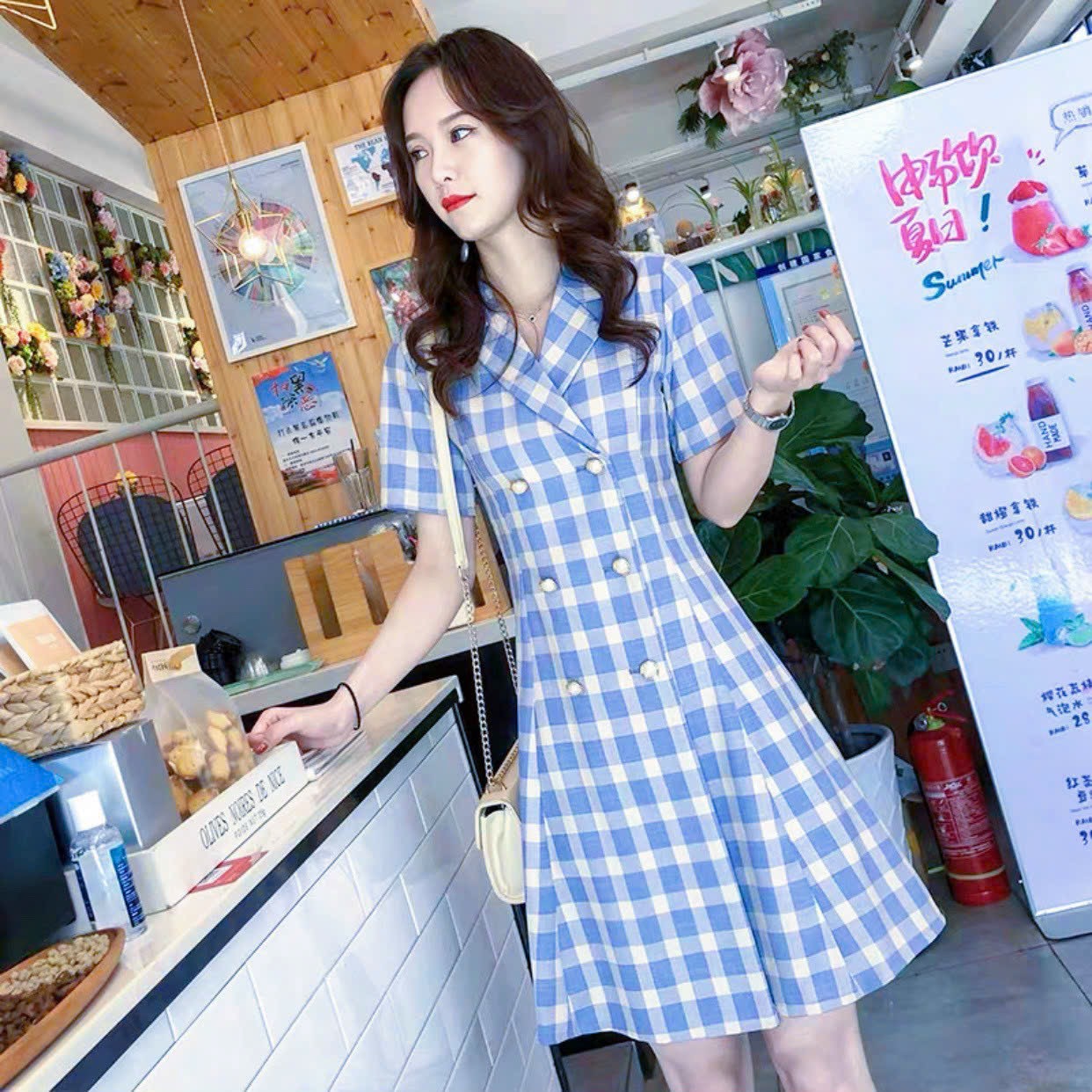 Đầm vest caro xanh