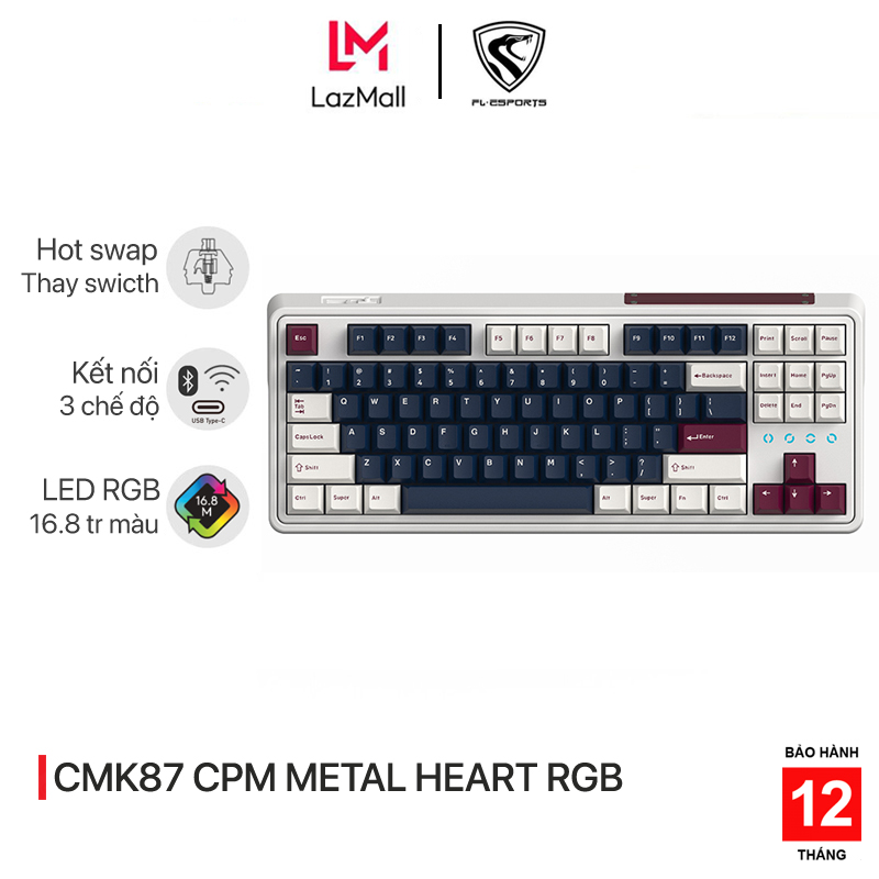 Bàn phím cơ chơi game không dây FL-Esports CMK87 CPM Metal Heart RGB 3 mode - Hotswap - Led RGB - 3 chế độ kết nối - Kailh Box switch - Hàng chính hãng