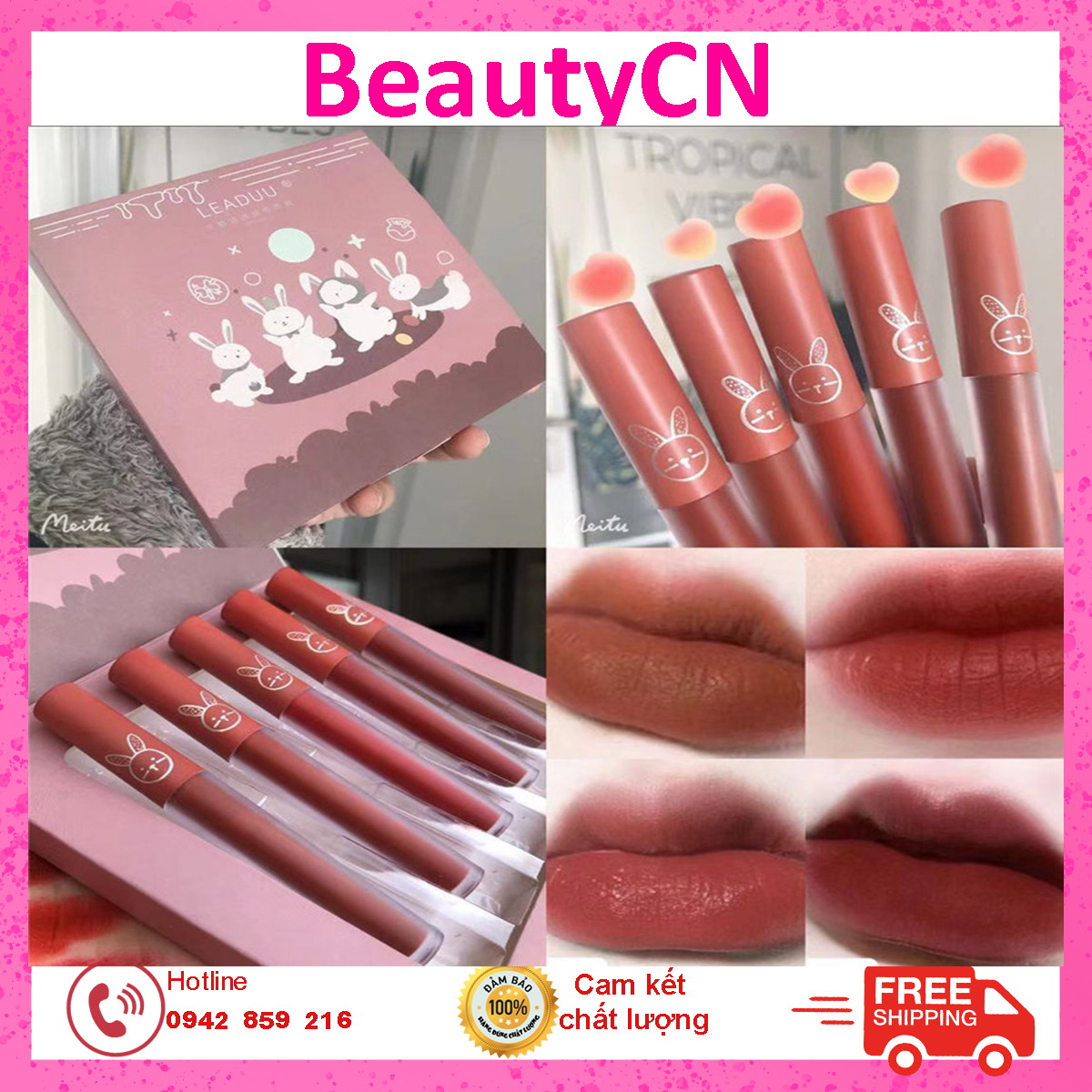 Set 5 son kem lì leaduu thỏ - set 5 cây son kem nhung lì- son 5 cây hàng nội địa trung - allure cosmetics