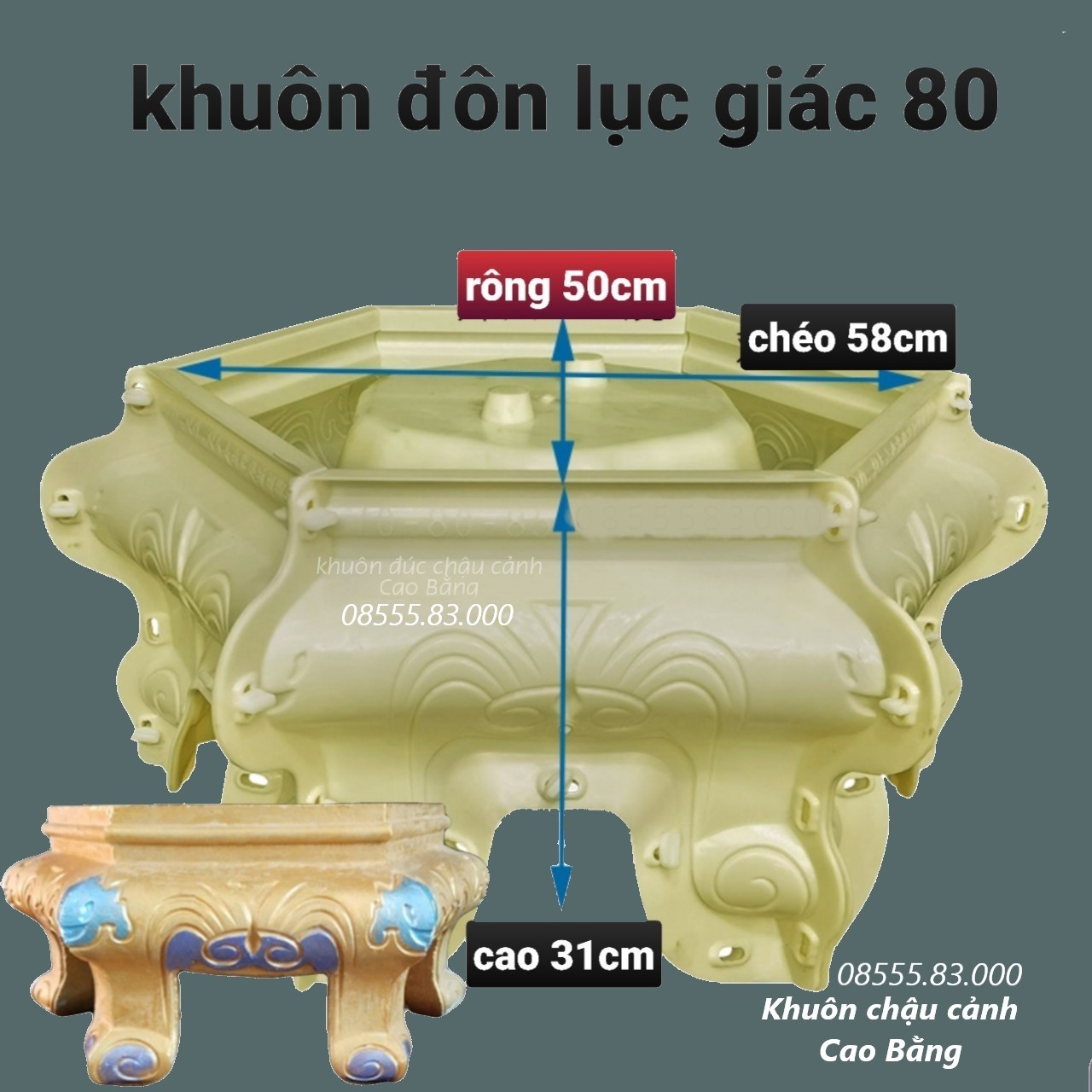 Khuôn đúc chậu cảnh lục giác 80 và chân đôn (hoa sen và cây trúc)