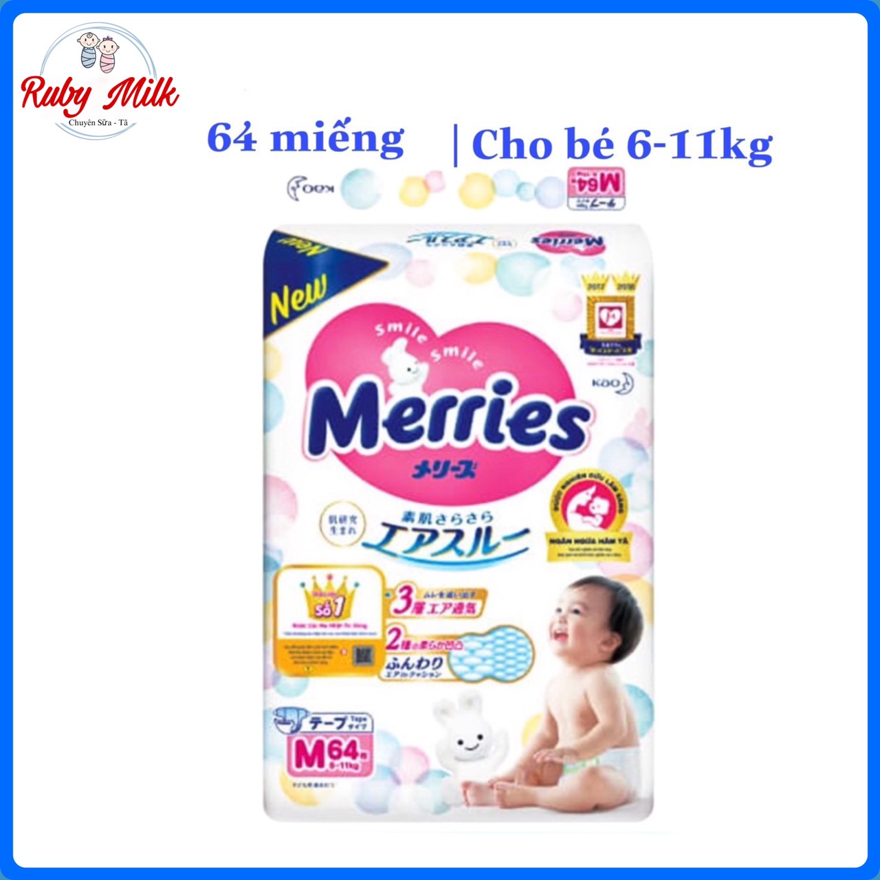Tã dán Merries Size M64 (cho bé 6 - 11kg)