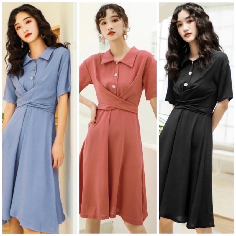 Đầm váy sơ mi chéo eo 3 màu