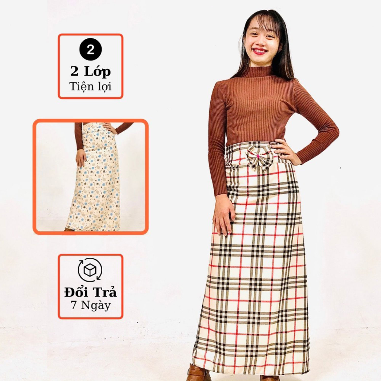 Váy chống nắng caro 2 lớp, váy chống nắng dày dặn vải thun cotton co dãn miếng dính vải cài chắc chắn