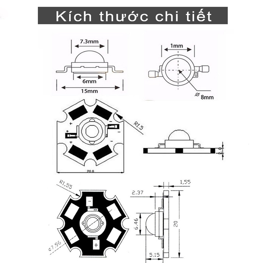 Bóng đèn Led, Chip Led 3V-3.7V Luxeon đã hàn sẵn đế tản nhiệt 20mm, Thay thế đèn Led rọi, Đèn pin, Đèn đọc sách, Đèn học và làm việc
