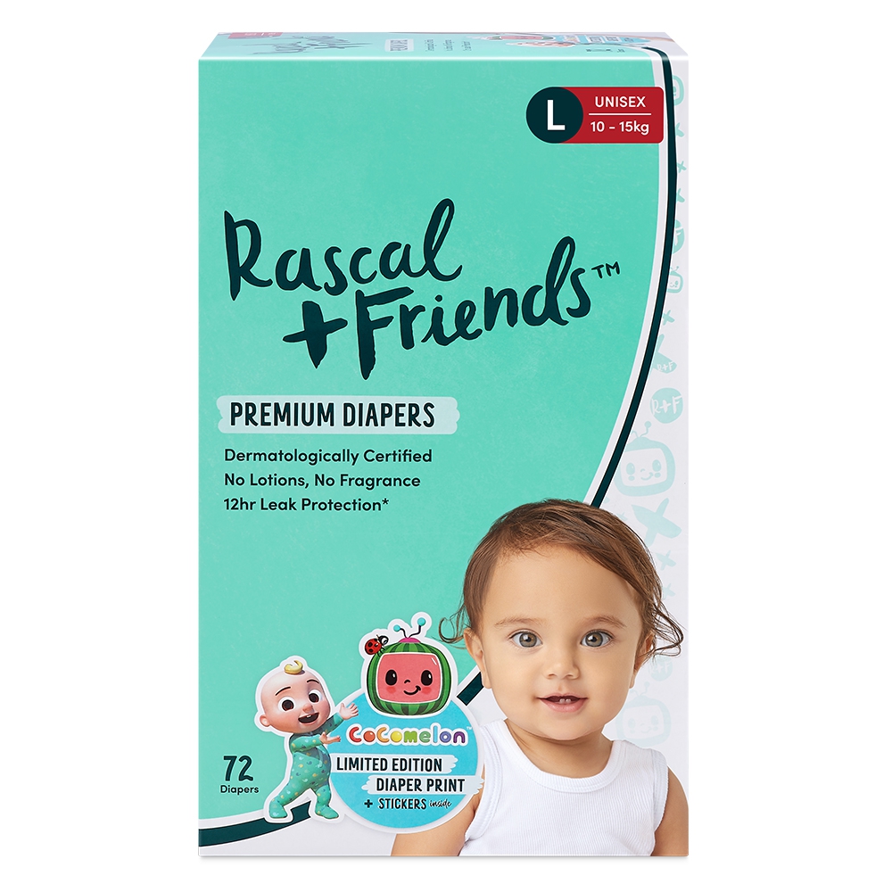 Thùng Tã dán Rascal+Friend Cocomelon (L,10-15kg, 72 miếng)