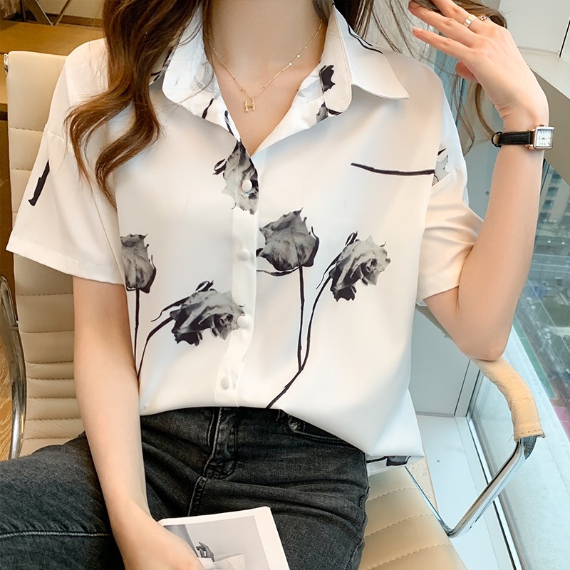 [HCM]Áo sơ mi nữ tay ngắn phối họa tiết hoa hồng cực xinh cho các nàng công sở Thời Trang Phong Cách Hàn Quốc