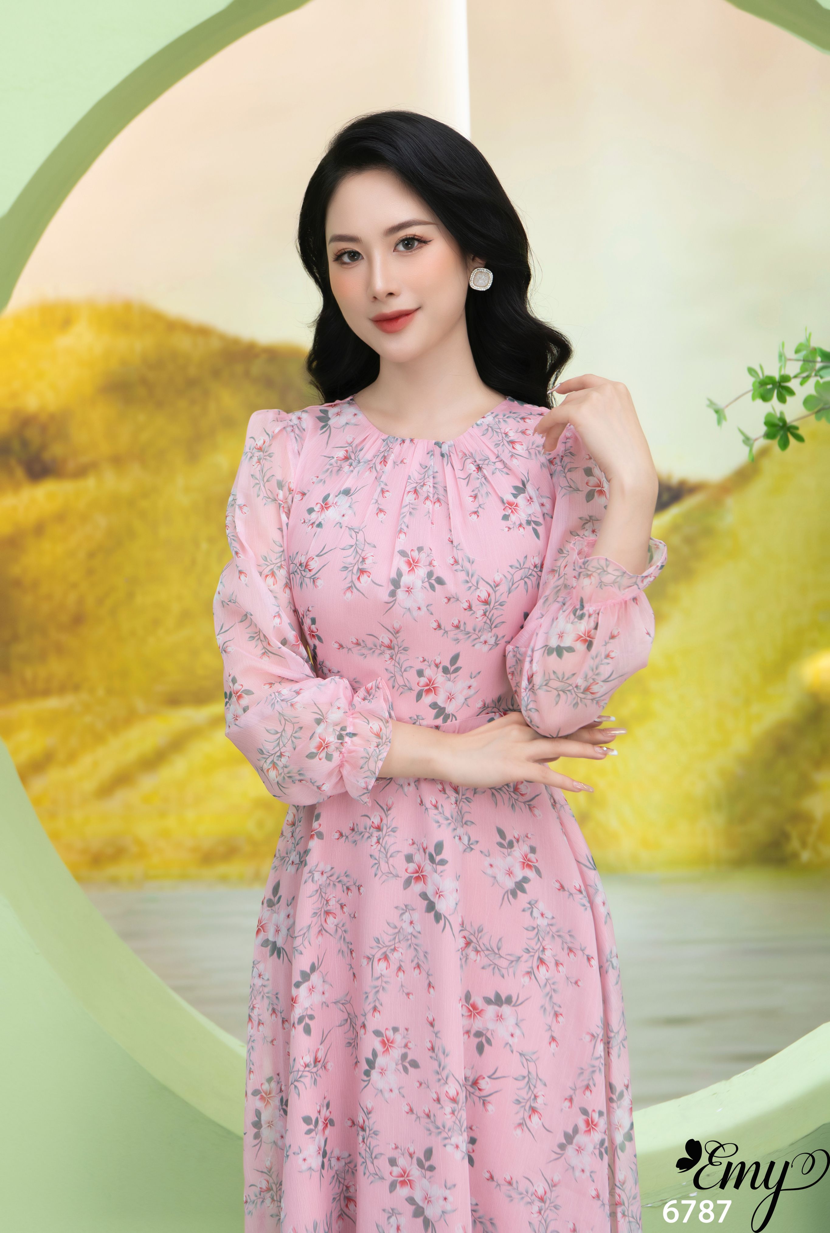 Đầm EMY EM6787 Xoè Midi Dài Tay