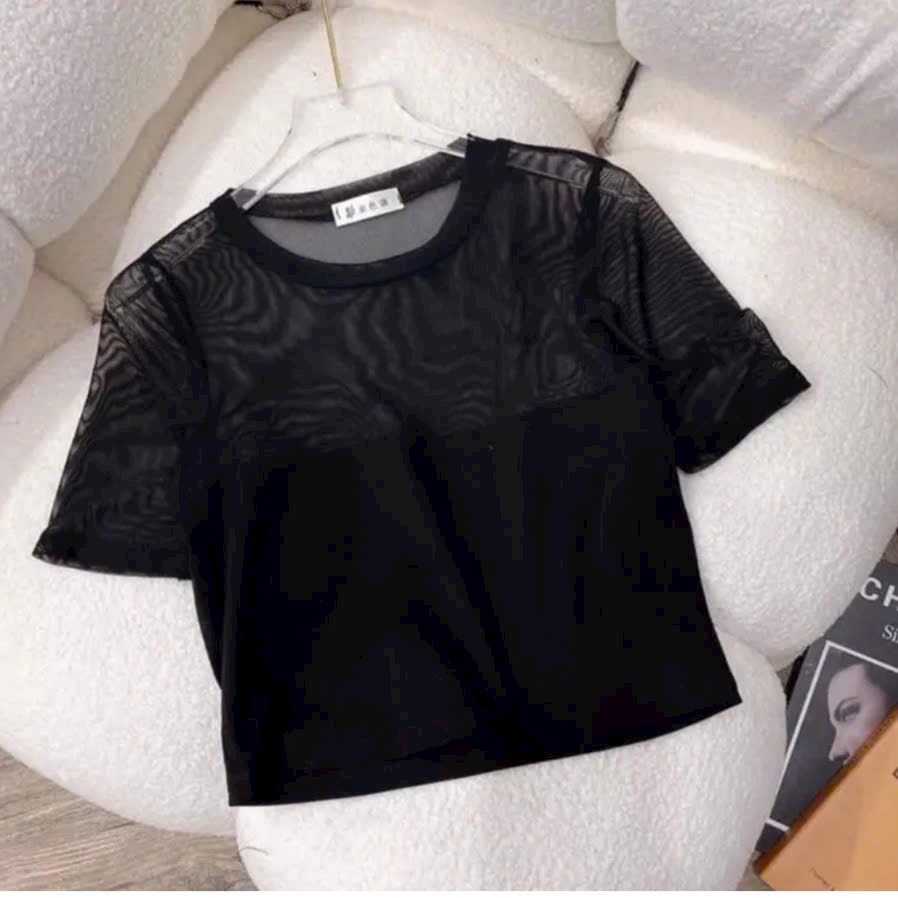 Áo thun lưới xuyên thấu tay ngắn phối thun lụa ôm body dáng cropotp basic TU