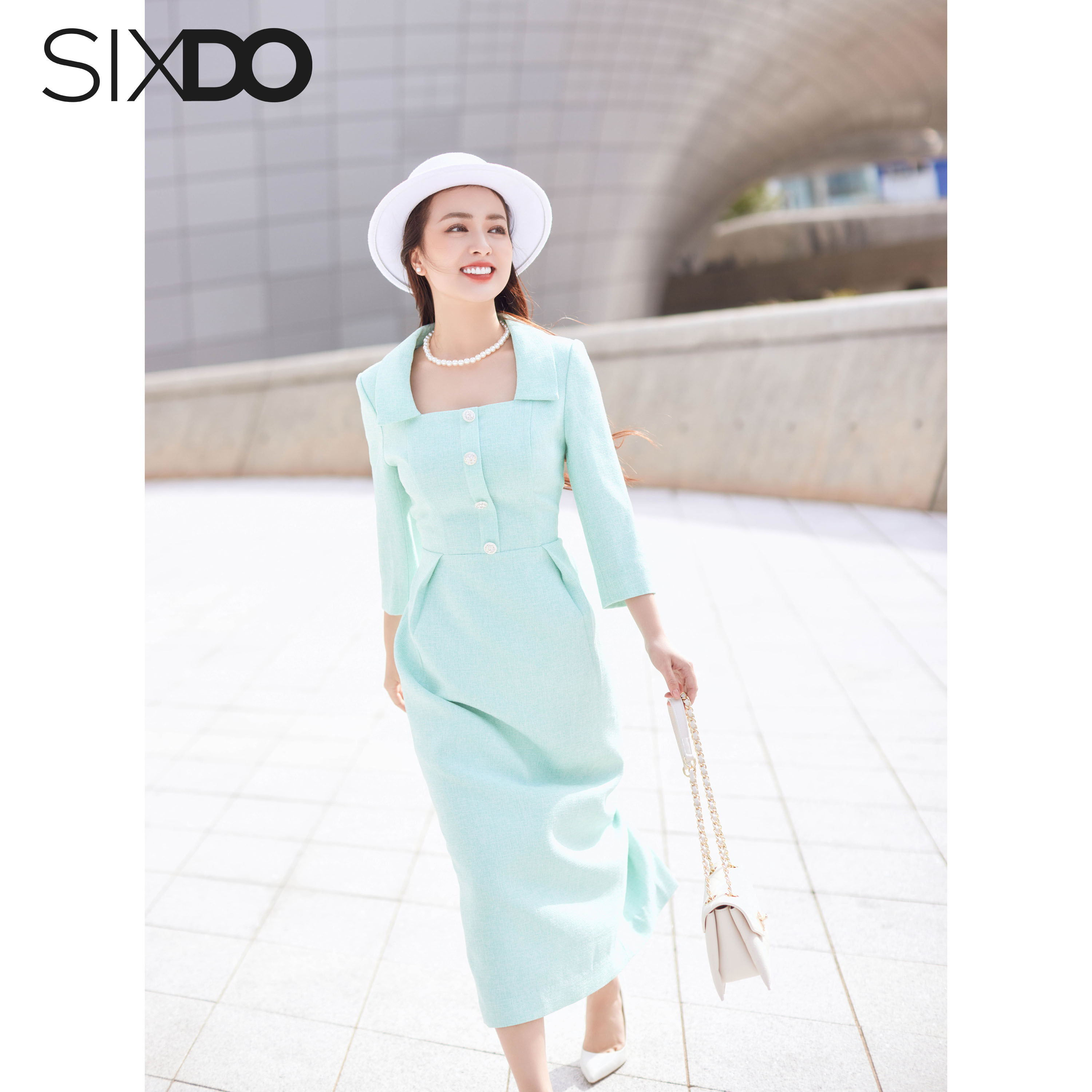 Đầm dạ tweed cổ vuông thời trang SIXDO (Mint Midi Tweed Dress)