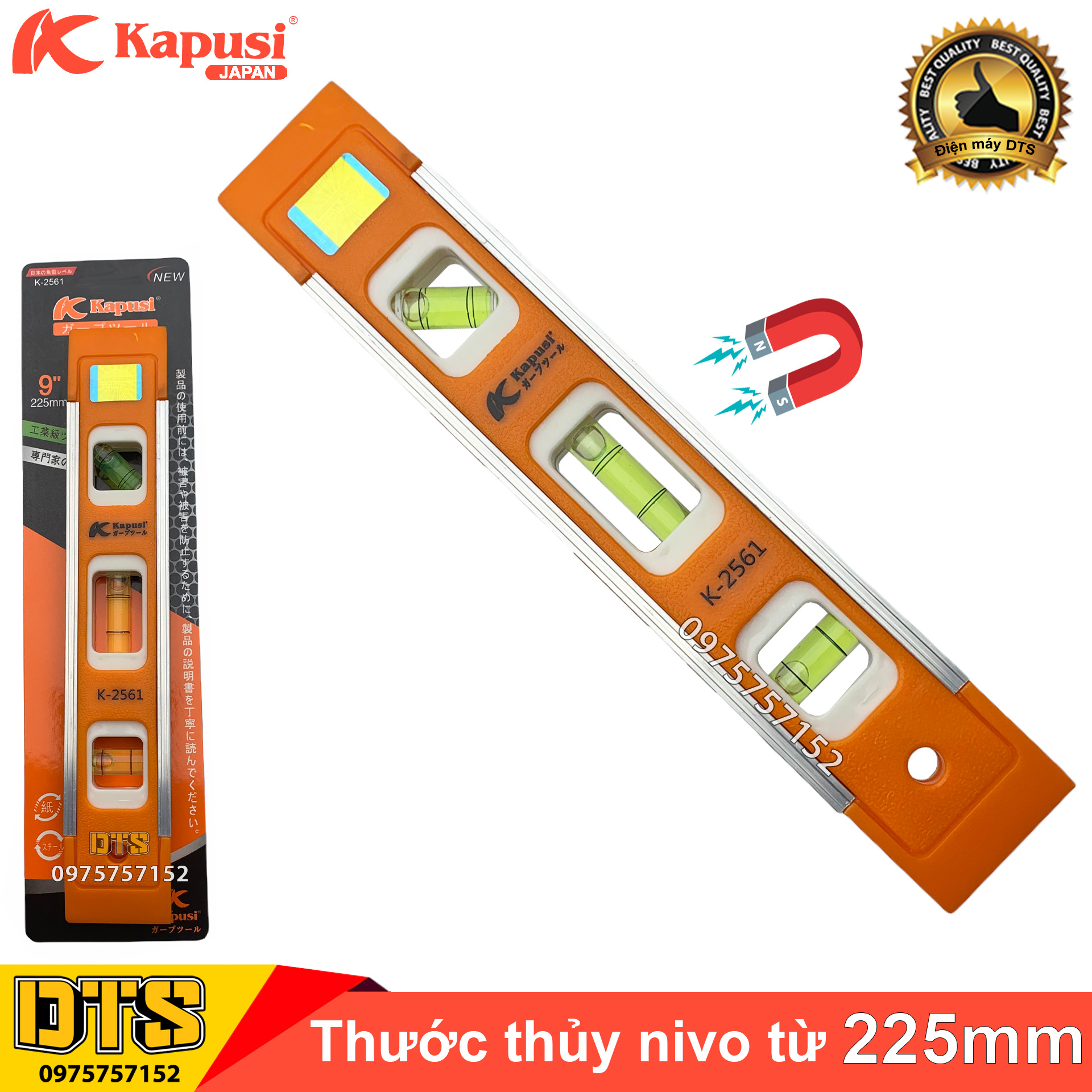 Thước thủy nivo hãng Kapusi có nam châm dài 225mm, ống nước nivo đo góc nghiêng, điều chỉnh độ cân bằng mặt phẳng, thước livo, thước thủy, thước đo cân bằng, thước cân thủy, dụng cụ đo lường, cân bằng nivo, ni vô