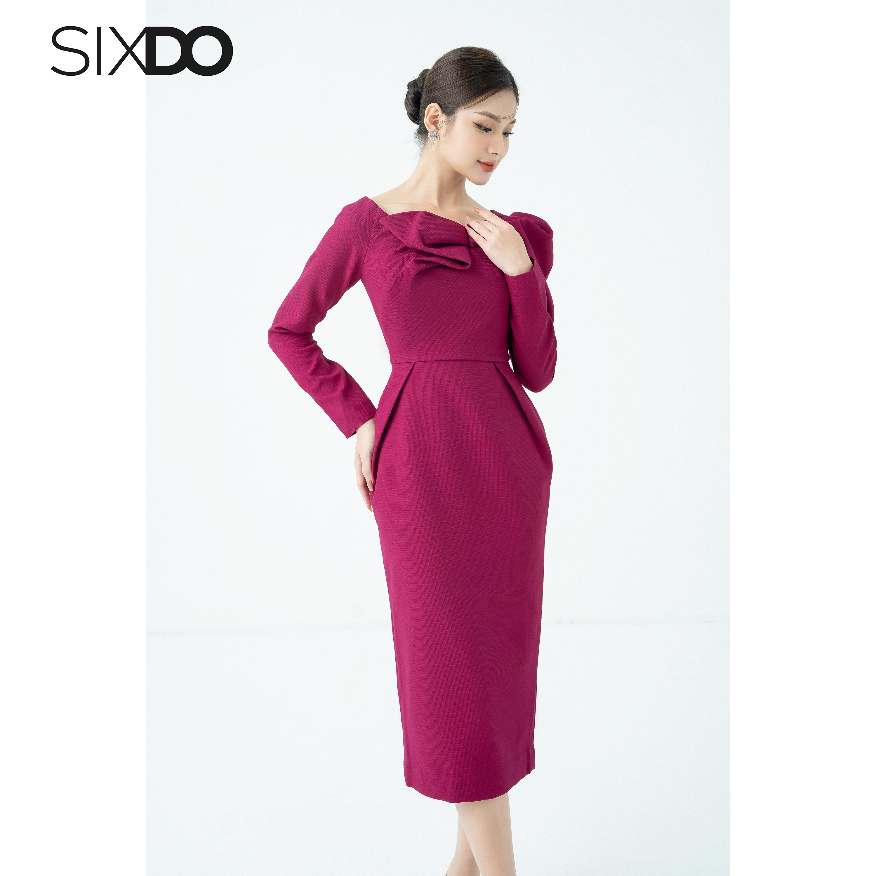 Đầm lệch vai cổ nơ thời trang SIXDO (Bowtie Midi Raw Dress)
