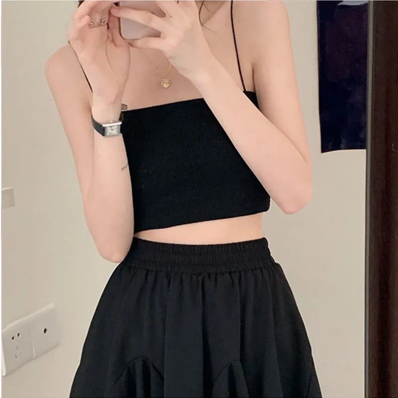 Áo 2 dây croptop đen trơn (Có ảnh thật) Freesize