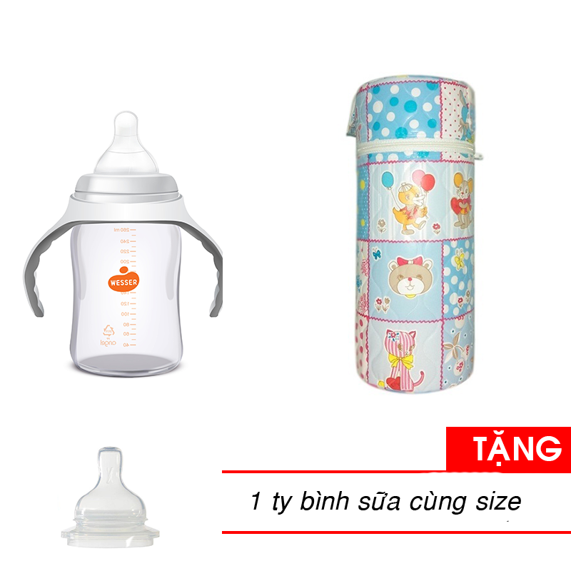 Bình sữa Wesser cổ rộng 260ml + 1 ủ bình sữa cổ rộng tặng 1 ty bình sữa cùng size
