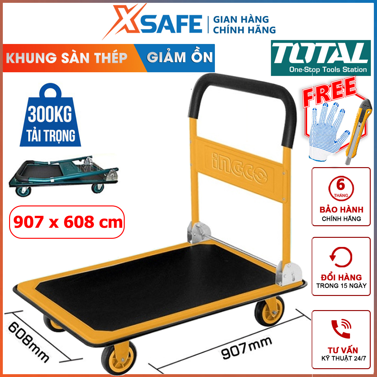 Shopping trolley 4 wheels folding compact ingco HPHT11502 | trolley pull of 820x135x725X472mm, load capacity 150 kg, handle durable steel, smoothness, wheel 5 inch cargo heavy, bulky easily [xsafe] [XTools]