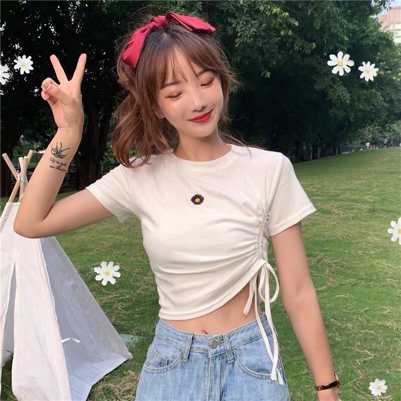 Áo voan croptop rút một bên thêu hoa cúc cực xinh TTSA0492