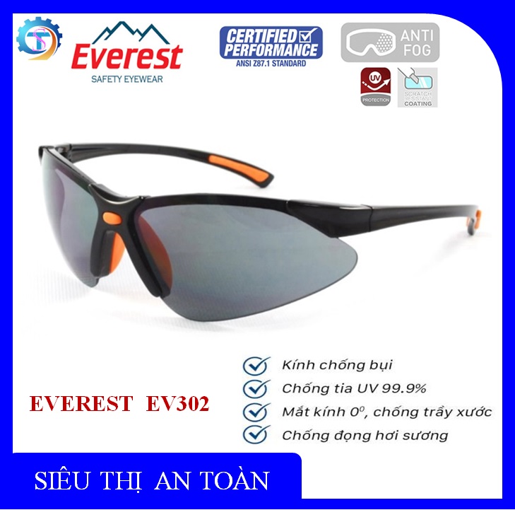 Kính bảo hộ Everest EV302 màu đen - Kính chống bụi chống trầy xước chống tia UV