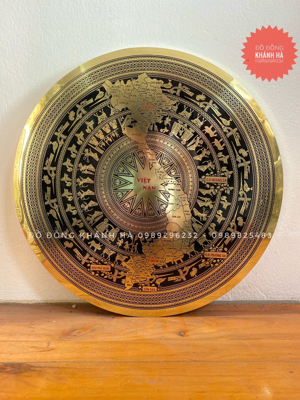 Tranh Mặt Trống đồng treo tường bằng đồng vàng đk 40cm - Mặt Trống 40