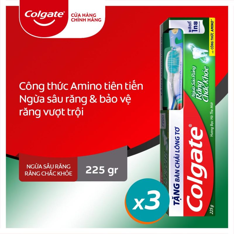 Bộ 3 kem đánh răng Colgate ngừa sâu răng răng chắc khỏe 250g/ tuýp tặng bàn chải lông tơ cao cấp Thái Lan