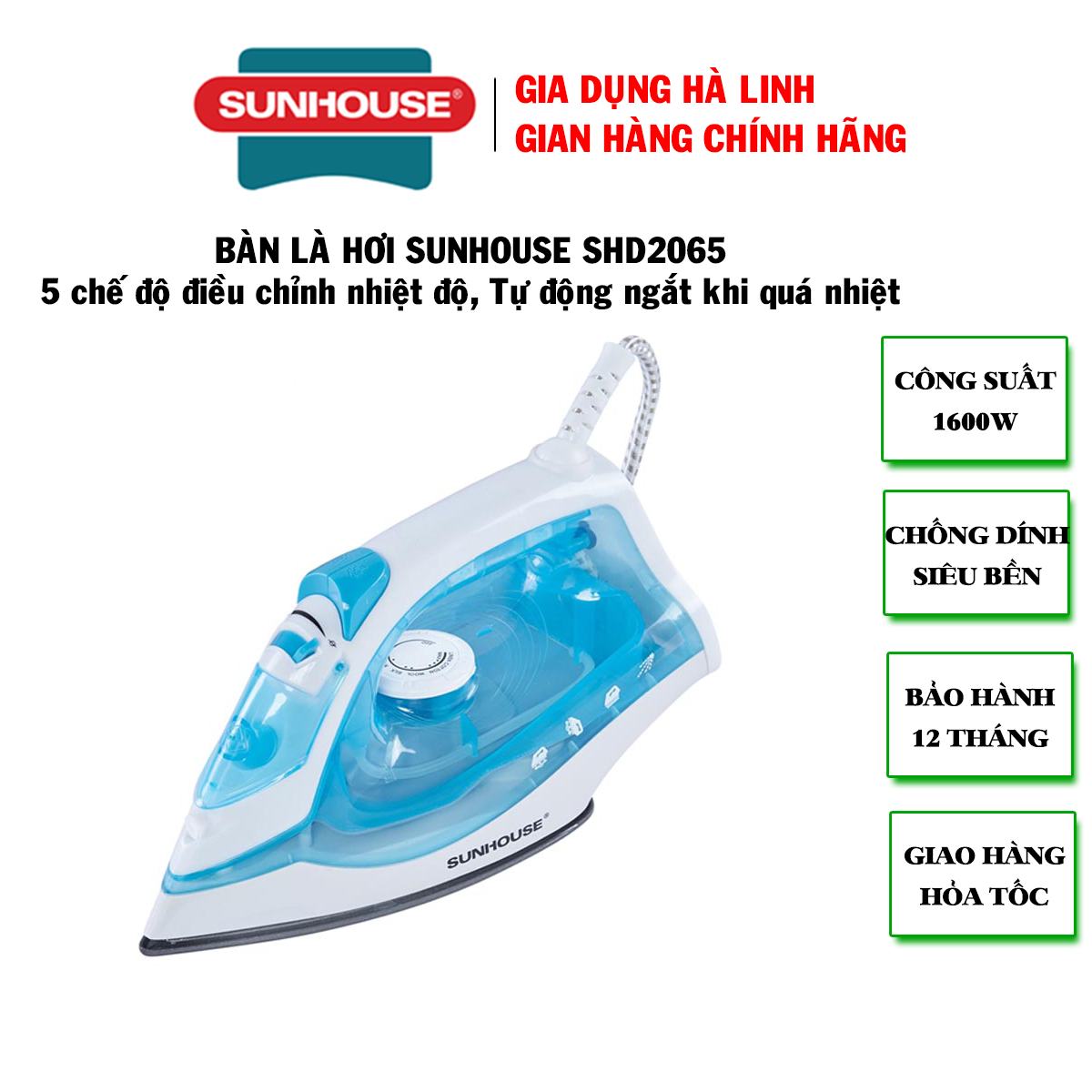 Bàn là hơi nước Sunhouse SHD2065 - Bàn ủi hơi nước Sunhouse - Bàn ủi quần áo - Bàn là quần áo - 5 chế độ nhiệt phù hợp với các loại vải bông, vải lanh, vải cotton, lụa, vải thun nylon, Công suất 1600W, bảo hành 12 tháng