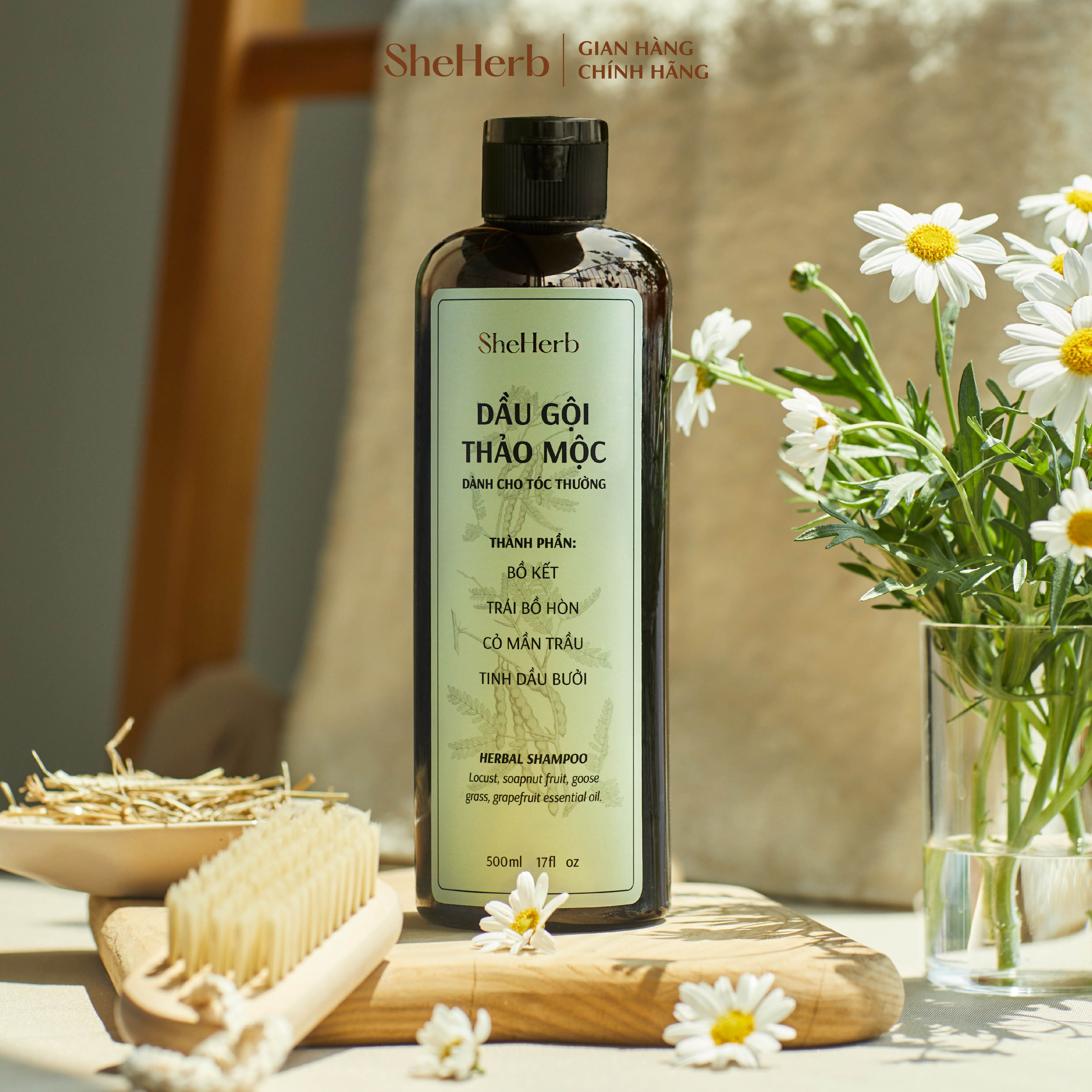 Dầu gội thảo mộc bồ kết dành cho tóc thường thuần chay she herb hỗ trợ mọc tóc, giảm chẻ ngọn 500ml