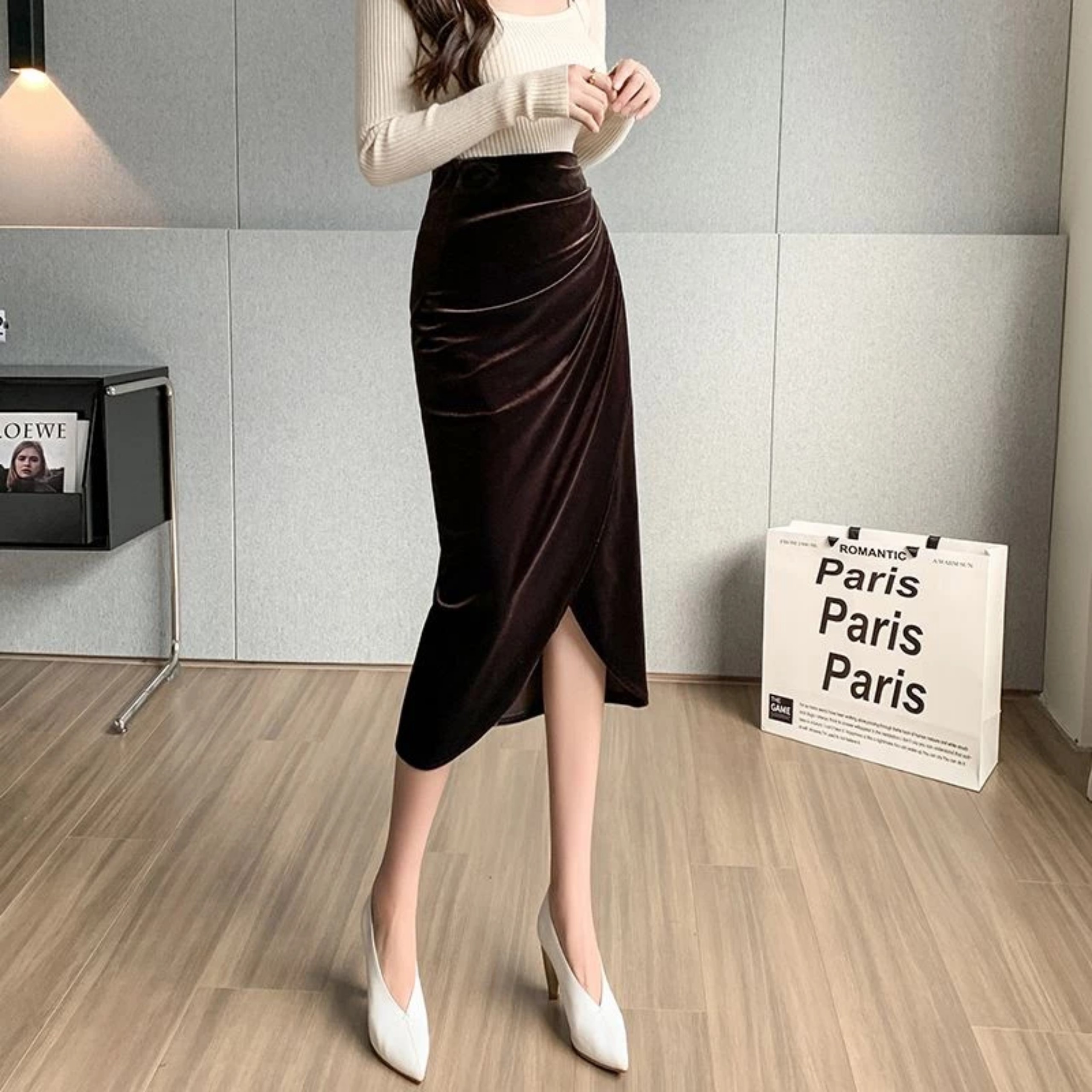 Chân Váy Bút Chì Nhung Nhún eo Dài 75cm C9