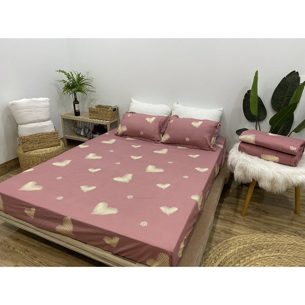 (Siêu rẻ) Bộ 3 món Ga gối, ga bọc nệm mẫu Dâu Tây Hồng, drap giường giá rẻ kích thước m2/m6/m8/2m2 chất Poly cotton - Ga bo chun bảo vệ đệm, Chăn ga gối Moon Shop