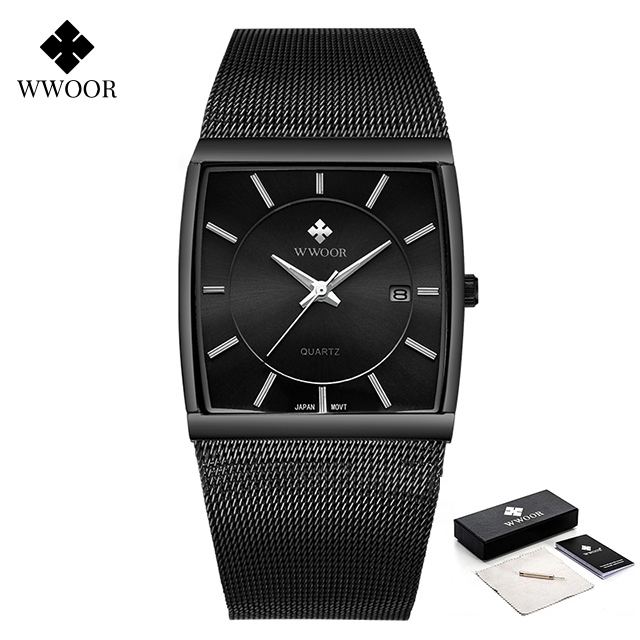 WWOOR Top Luxury Brand Watch For Men Square Dial Calendar Stainless Steel Water Resistant Quartz Mesh Belt Fashion Original Wristwatch