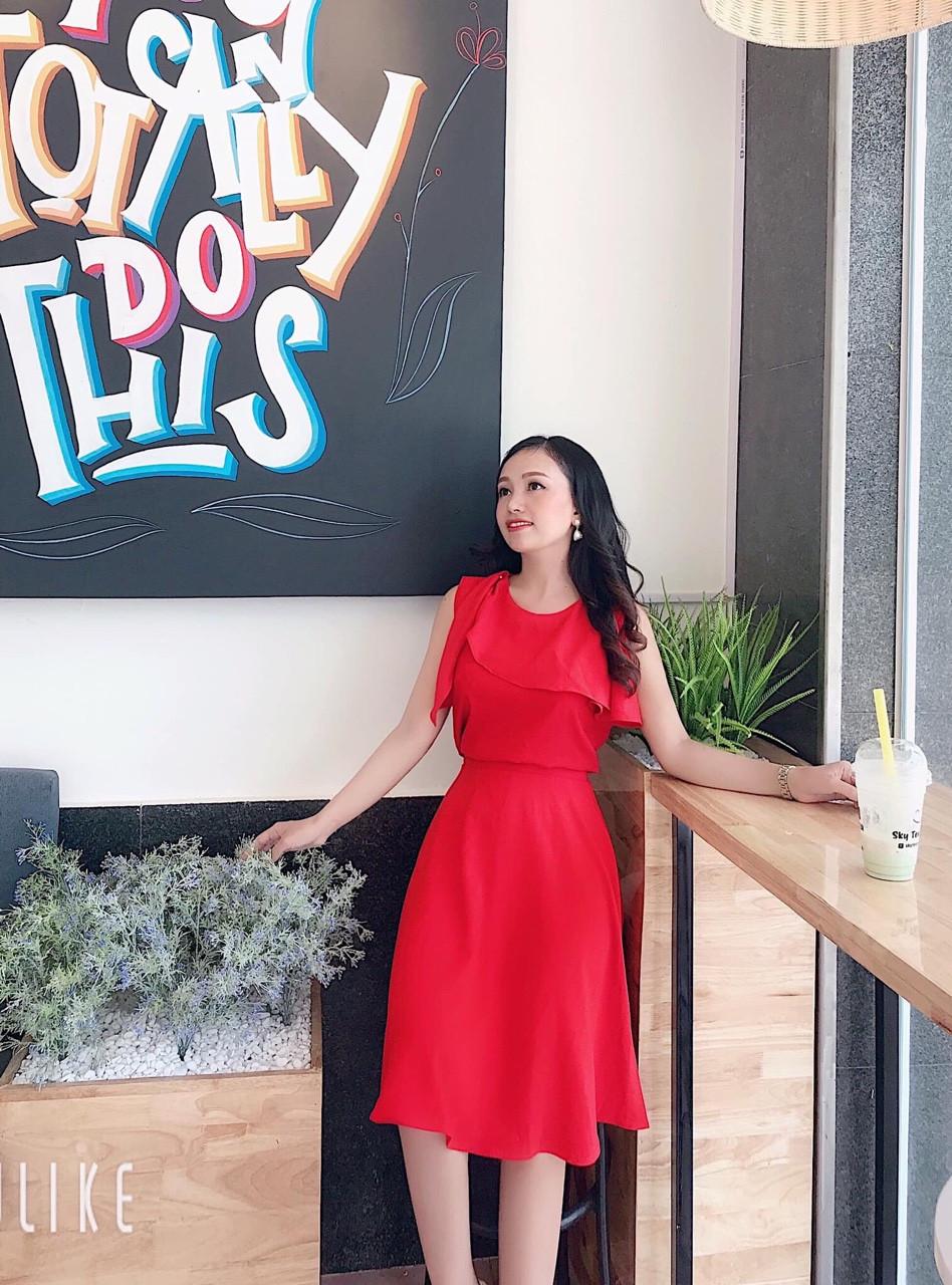 Đầm nữ dáng xòe cổ bèo đính ngọc chất kate lụa freesize 2 màu vàng đỏ