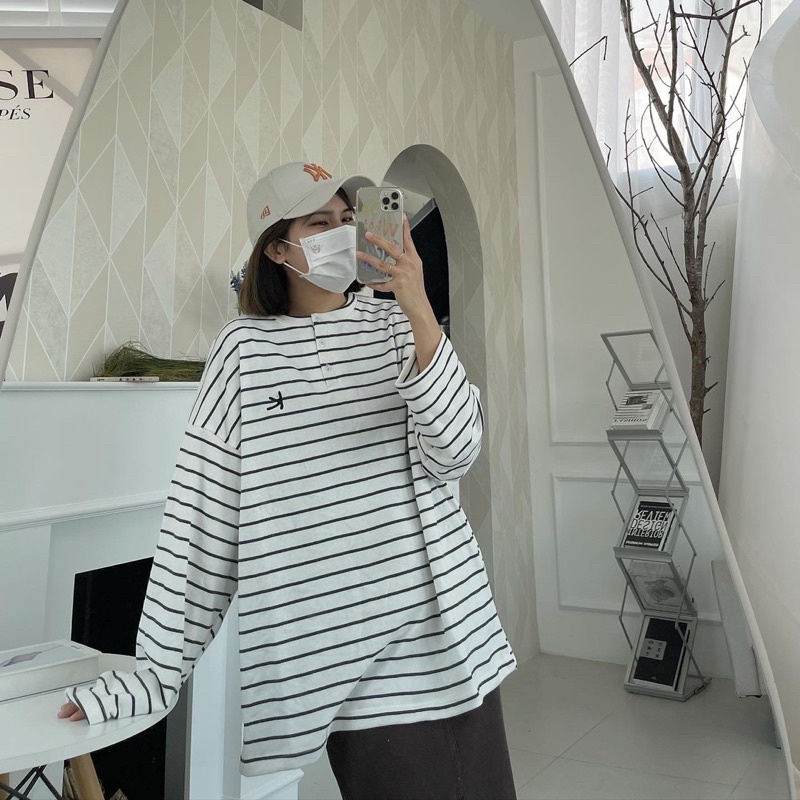[SW7] KIM- Áo nỉ kẻ trắng đen - Striped Sweater