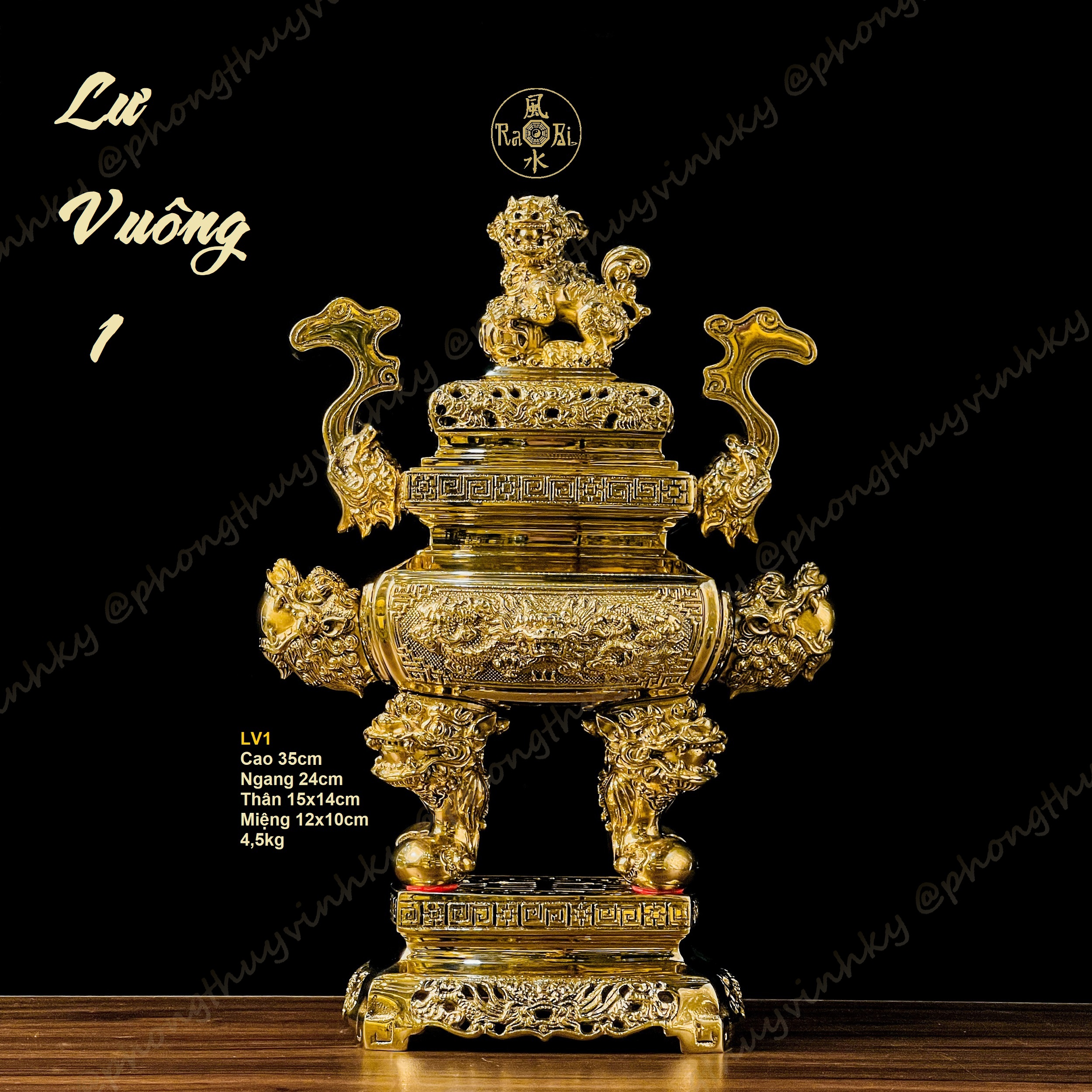 Lư vuông gia tiên lân nghê 35cm - tượng thờ đồng vĩnh tiến chất lượng cao